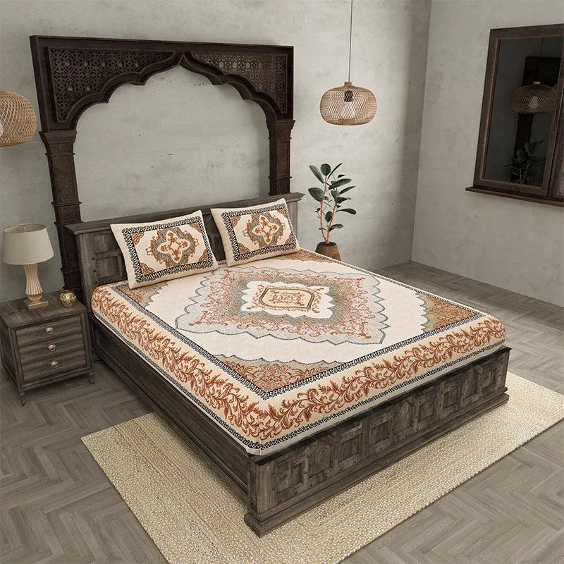 Chaitri Ethnic Cotton Bedsheet (Beige,Brown) - 240 TC media 1