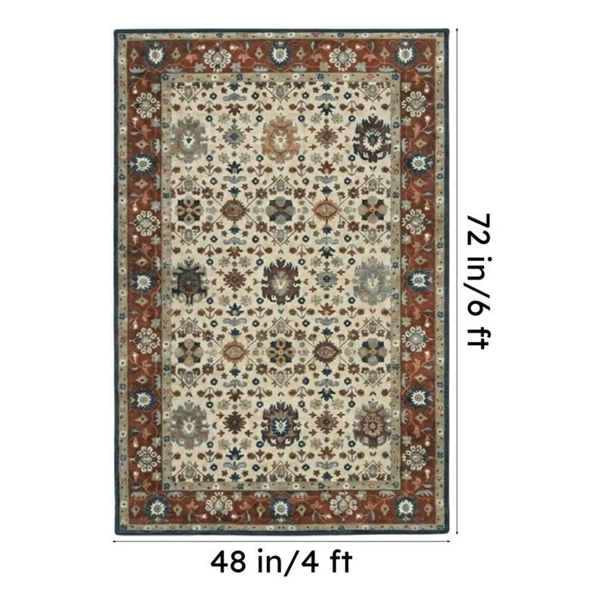 Rectangular patterned carpet shown with 48 x 72 inch size markings