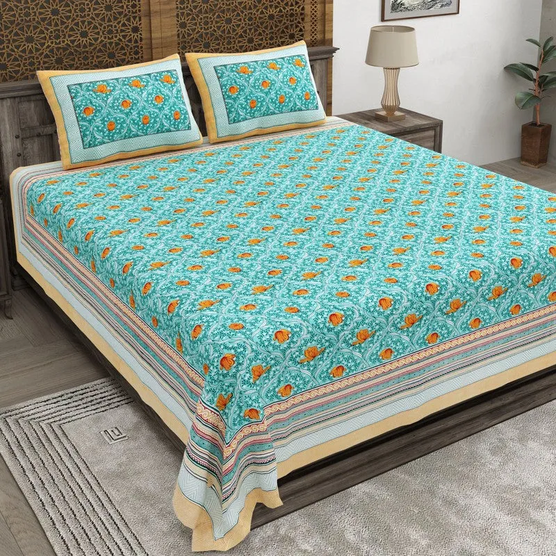 Shapeix Cotton Bedsheet (Blue,Orange) - 240 TC media 1