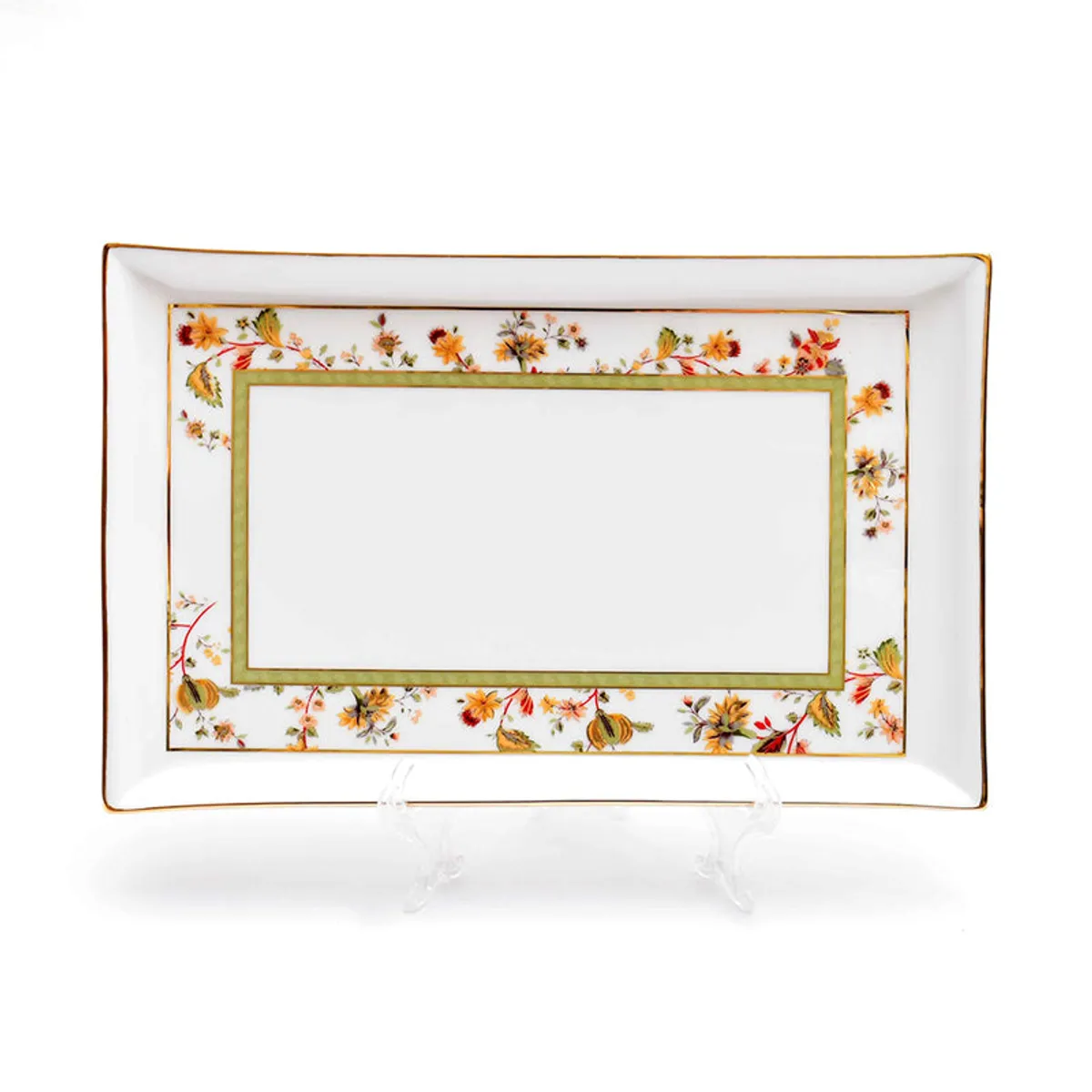 Rectangular white porcelain platter with floral border and gold accents