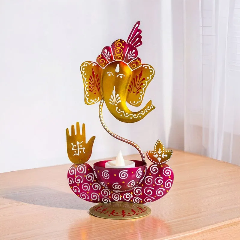 Ganesha Handpainted Tea Light Candle Holder - White media 1