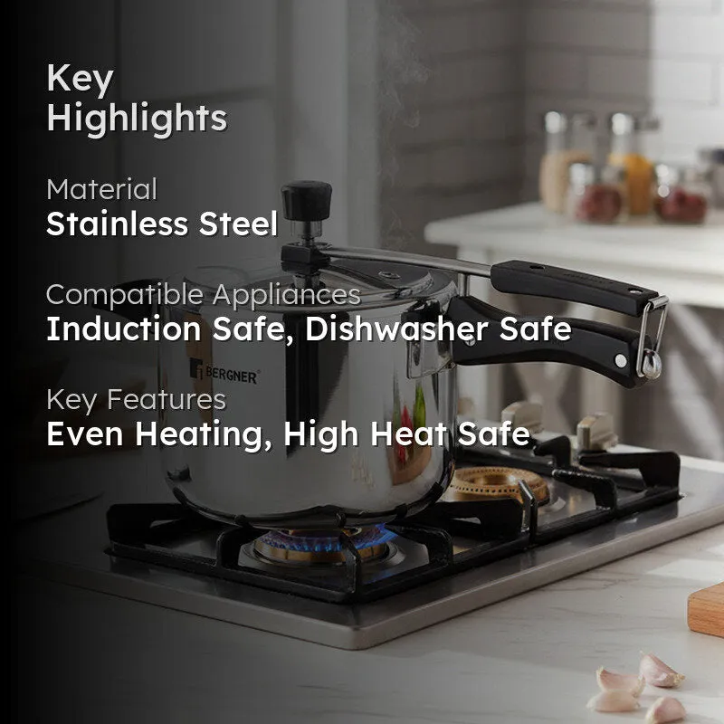 Silver pressure cooker on a stovetop with key product features overlaid