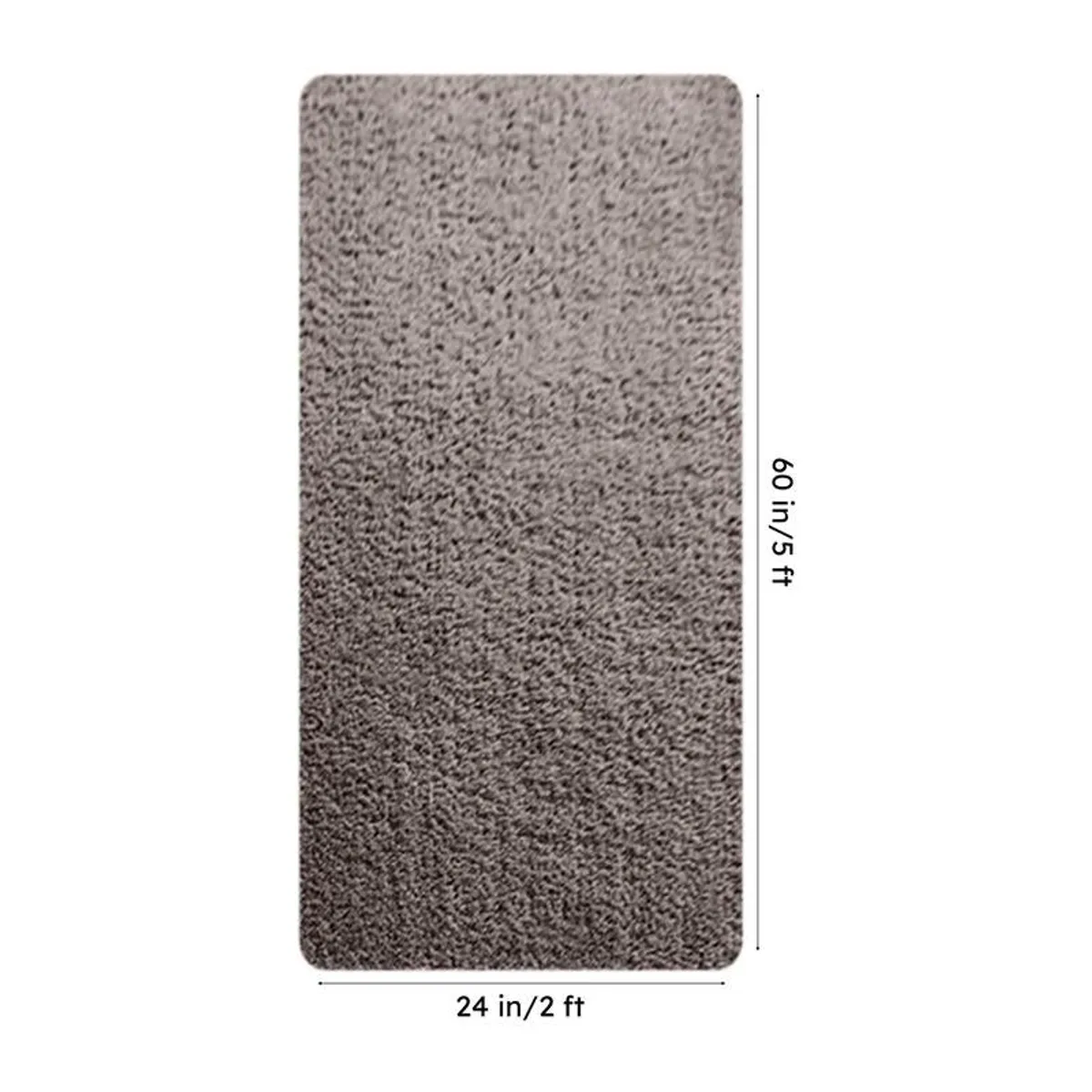 Grey rectangular runner rug shown flat with 24 x 60 inch dimensions