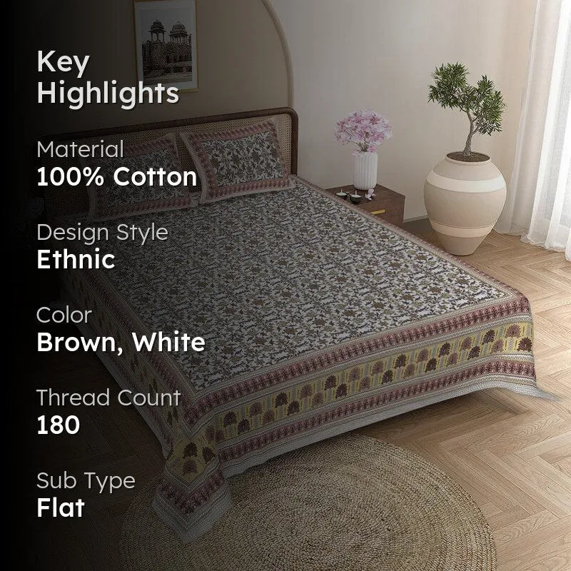 Dakini Ethnic Cotton Bedsheet (Brown,White) - 180 TC media 2