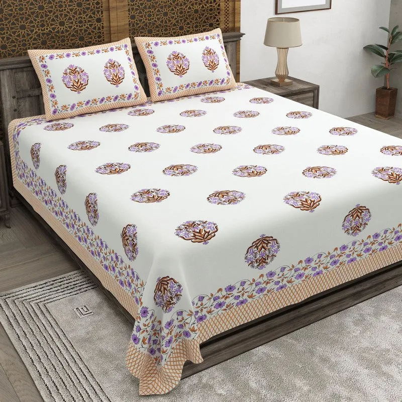 Rangen Cotton Bedsheet (White,Brown) - 240 TC media 1
