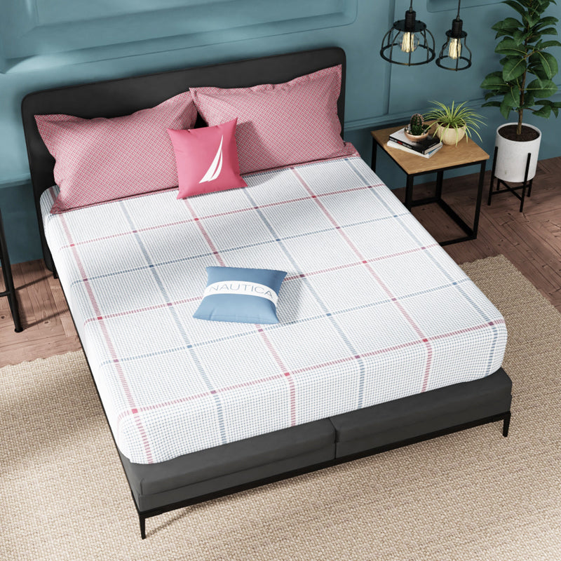 Nautica Fairwater Checks Bedsheet (Blue, Red) - 160 TC - Queen/Double