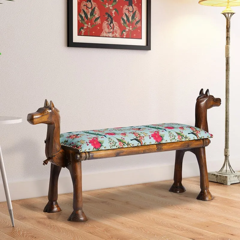 India Circus Acacia Wood Garden Animal Wooden Bench media 1