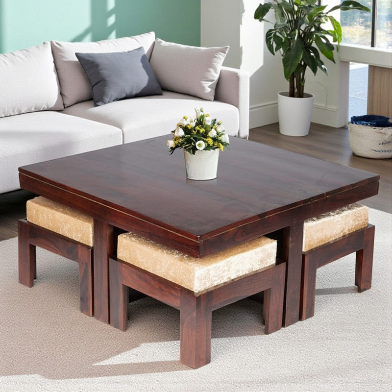 Evrino Sheesham Wooden Center Table with Stools and Cushions (Dark Brown) - Nine Piece Set