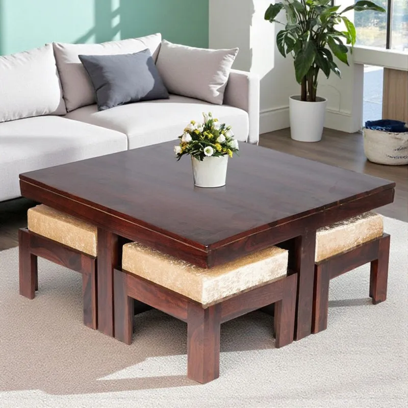 Evrino Sheesham Wooden Center Table with Stools and Cushions (Dark Brown) - Nine Piece Set media 1