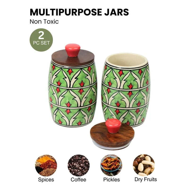 Handcrafted Ceramic Jar (Green, 550 mL Each) - Set Of Two media 7