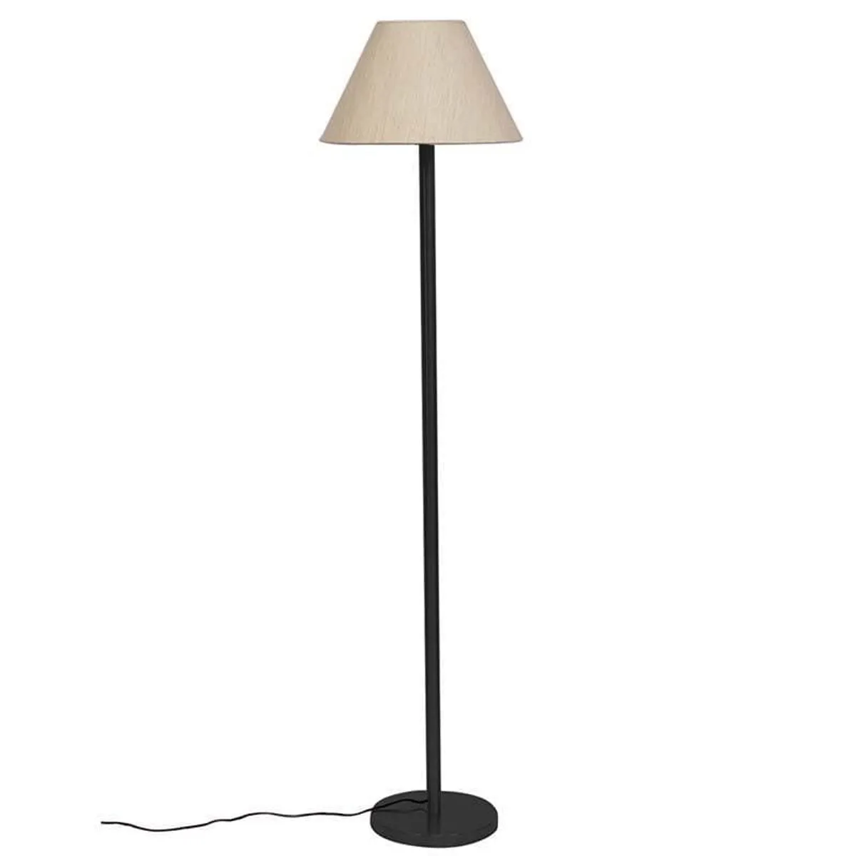 Floor lamp with beige tapered shade and black stand on white background