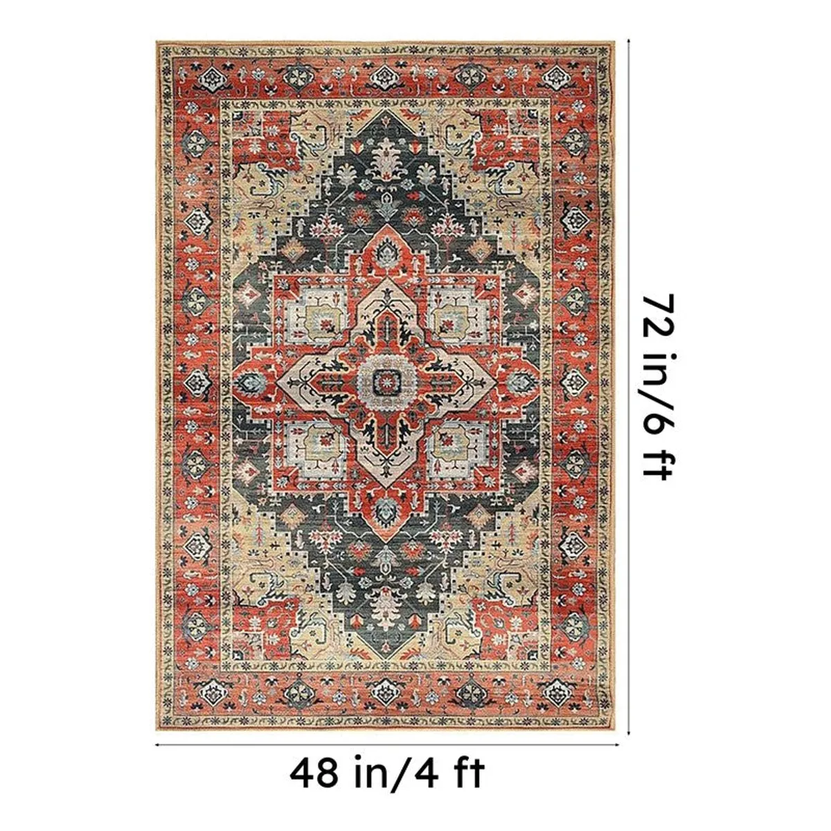 Rectangular carpet shown with 48 x 72 inch size markings