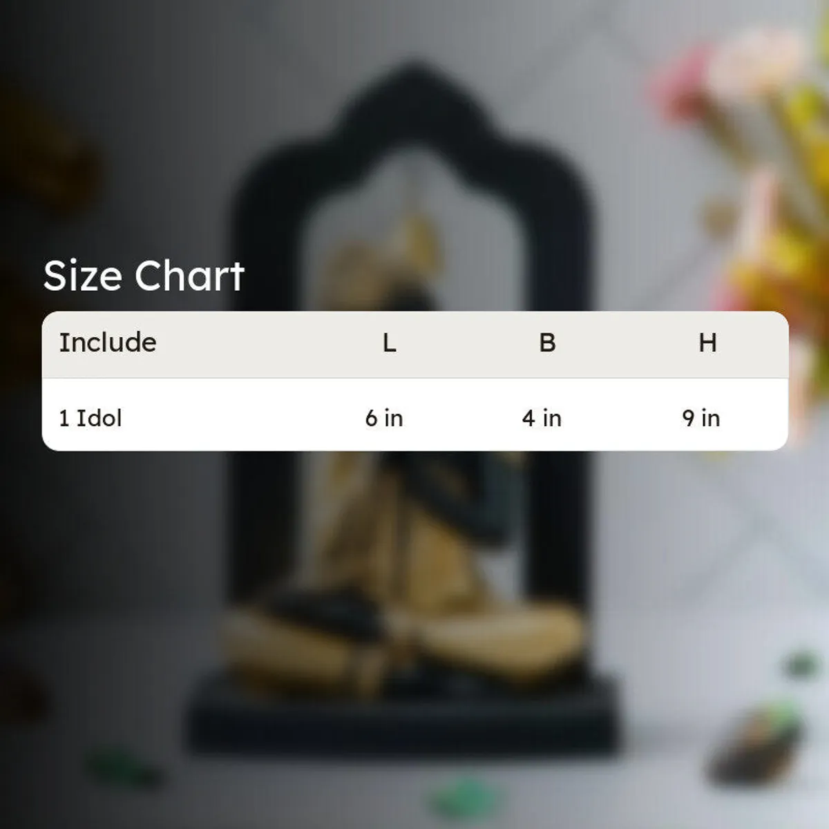 Size chart graphic showing one idol with listed dimensions