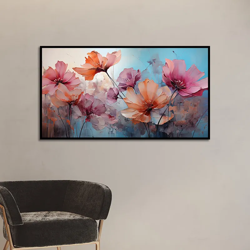Blushing Petals In Blue Floral Canvas Wall Painting With Frame - Black media 3