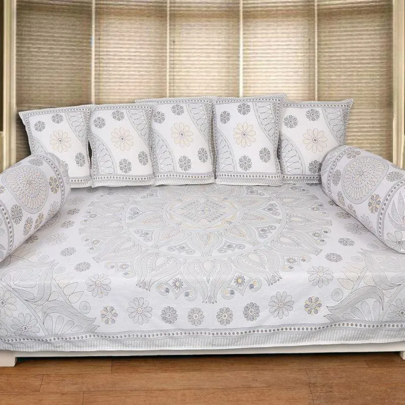 Madviya Floral Diwan Set (Grey & Yellow) - Eight Piece Set media 1
