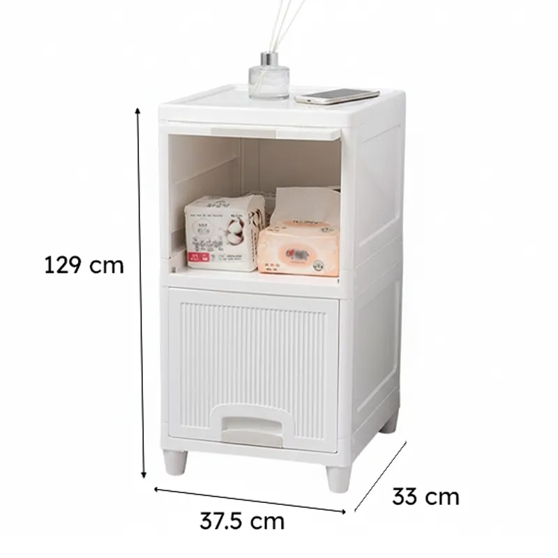 Front view of white organizer with open shelf and lower storage compartment