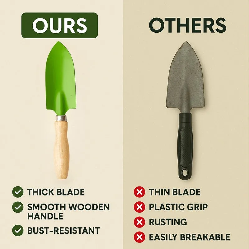 Green garden trowel shown beside a contrasting dark-coloured garden trowel.