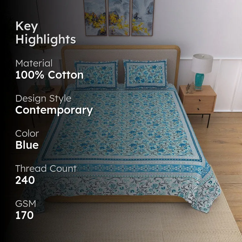 Linexa Floral Cotton Bedsheet (Blue) - 240 TC media 2