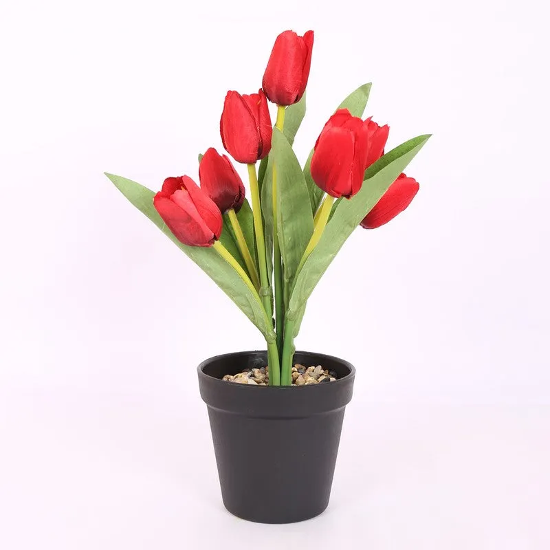 Artificial Tulip Flower Plant With Black Plastic Pot - Red media 4