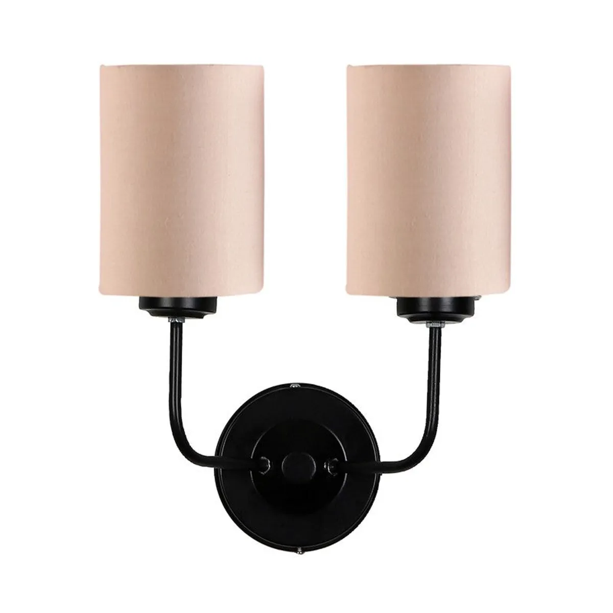 Studio view of beige wall lamp with black iron mount