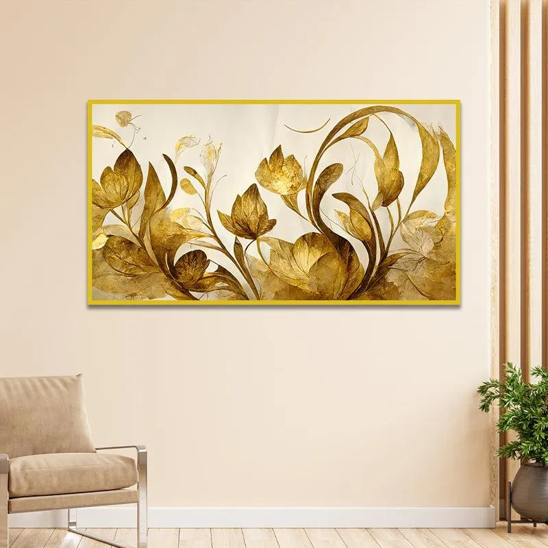 Shades Of Gold Floral Canvas Wall Painting With Frame - Gold media 5