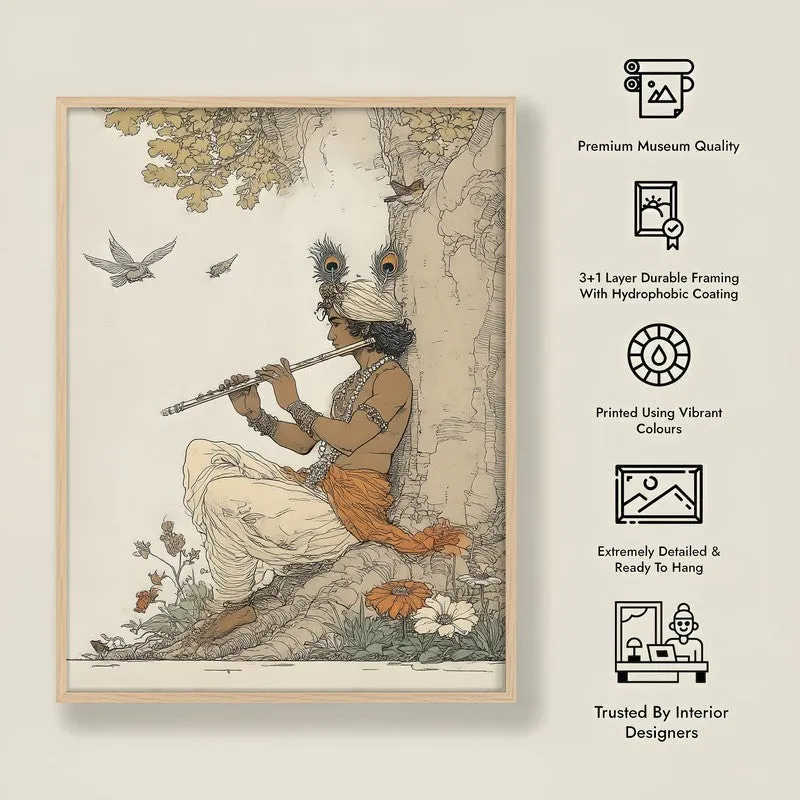 Lord Murlidhar Krishna Blissful Archival Paper Wall Art - Natural Brown Frame media 8