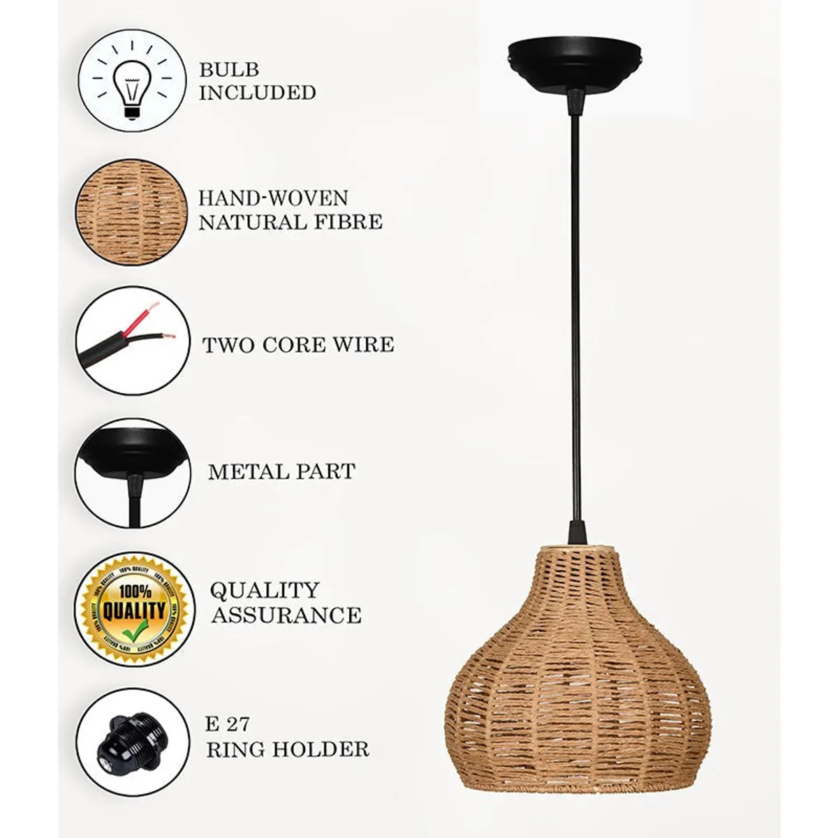 Pendant lamp with circular close-ups of the shade, wire and ceiling canopy.