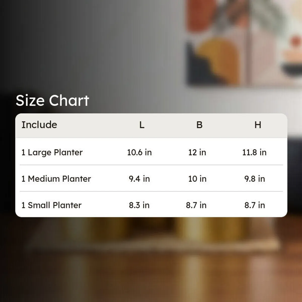 Product size chart graphic showing large, medium and small gold planters.