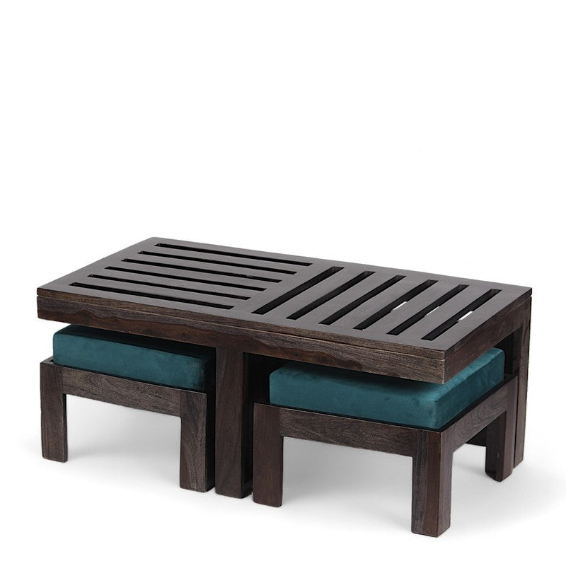 Zavro Sheesham Wooden Center Table with Stools (Deep Brown,Blue) - Five Piece Set media 6