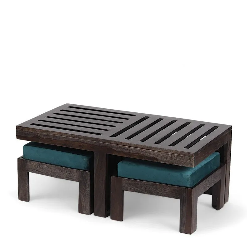 Zavro Sheesham Wooden Center Table with Stools (Deep Brown,Blue) - Five Piece Set media 6