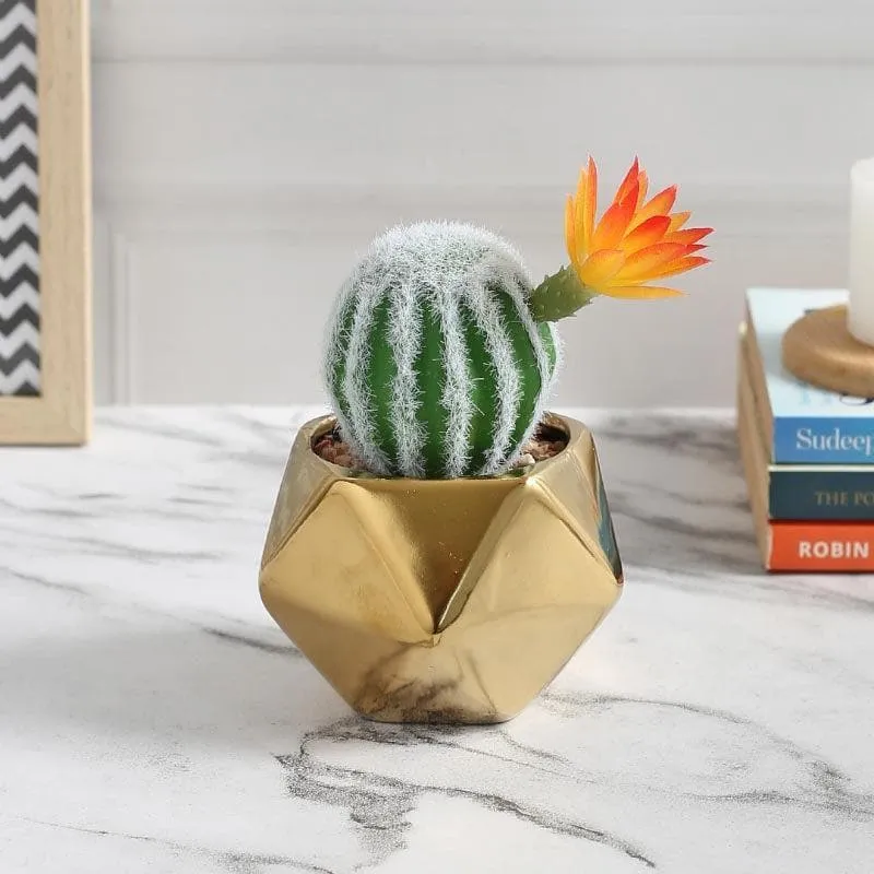Faux Stripe Cacti In Gold Ceramic Pot - 15 cms media 1