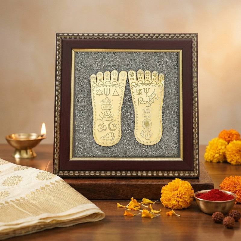 Goddess Laxmi Charana Paduka Pyrite & Wood Wall Art