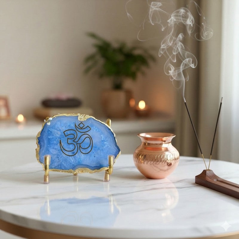 Om Handcrafted Agate Religious Accent - Blue media 3
