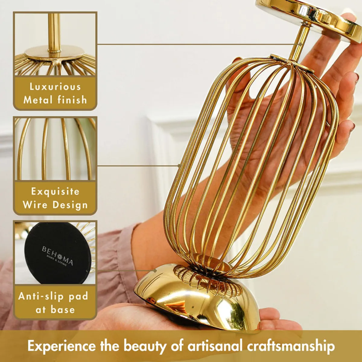 Close view of the gold wire candle holder and rounded base