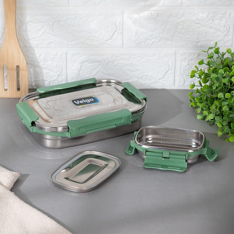 Crave Master Green Steel Lunch Box With Pouch (800/150 mL) - Two Piece Set