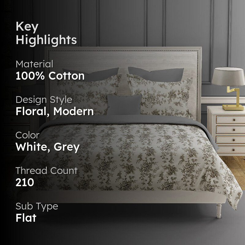 Swayam Rosabella Floral Cotton Bedsheet (Grey) - 250 TC media 2