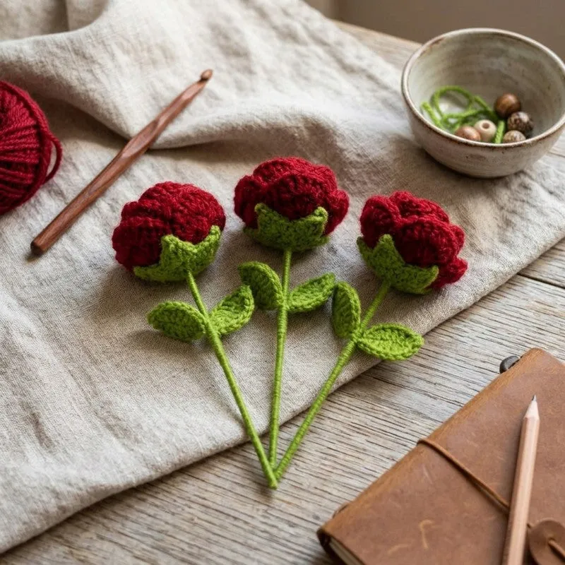 Rosara Yarn Artificial Flowers - Set of Three media 3