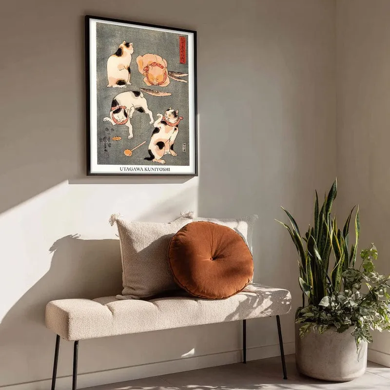 Four Cats In Different Poses Utagawa Kuniyoshi Archival Canvas Wall Painting - Black Frame media 4