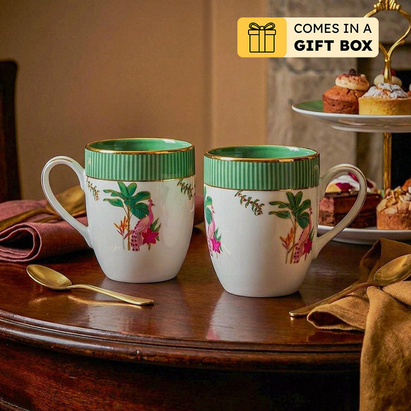 Gilded Mayura Coupe 24k Gold Brushed Porcelain Coffee Mug(280 mL Each) - Set Of Two