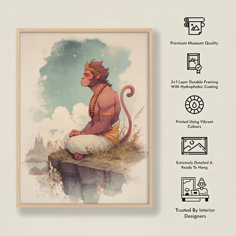 Divine Peace of Hanuman Ji Spiritual Archival Paper Wall Art - Natural Brown Frame media 8