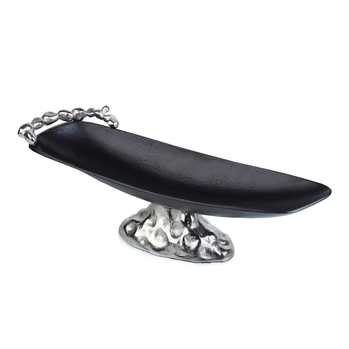 Angled view of a black and silver sculptural fruit bowl