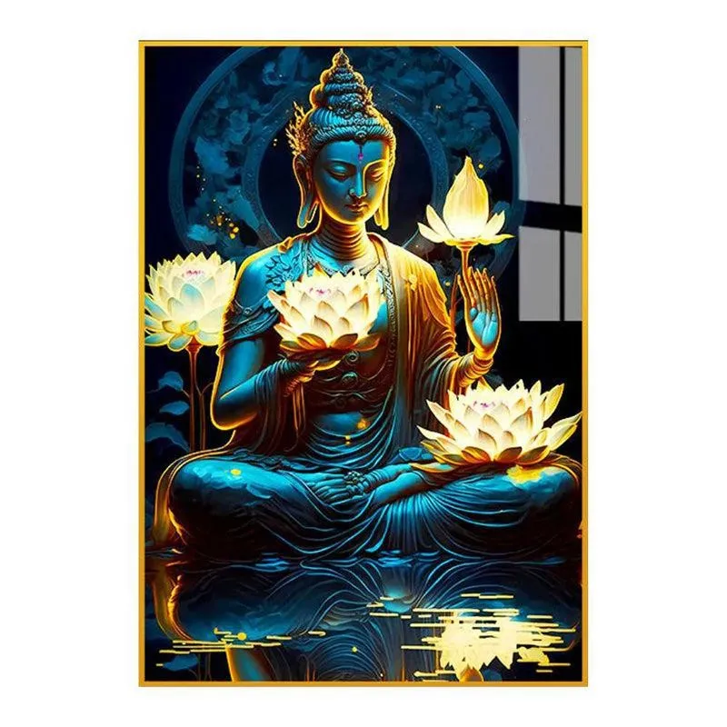 Teal & Gold Buddha Spiritual Canvas Wall Art With Frame - Gold media 5