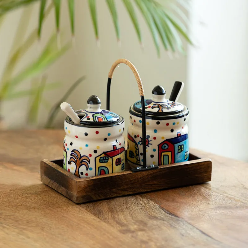 Sweet Home Handpainted Condiment Jar With Tray (280 Ml) - Five Piece Set media 1