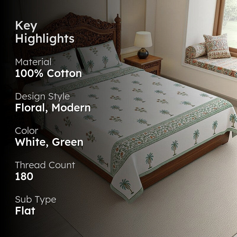 Haveli Cotton Bedsheet (White, Green) - 180 TC media 2