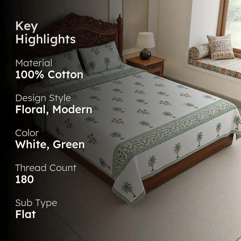Haveli Cotton Bedsheet (White, Green) - 180 TC media 2