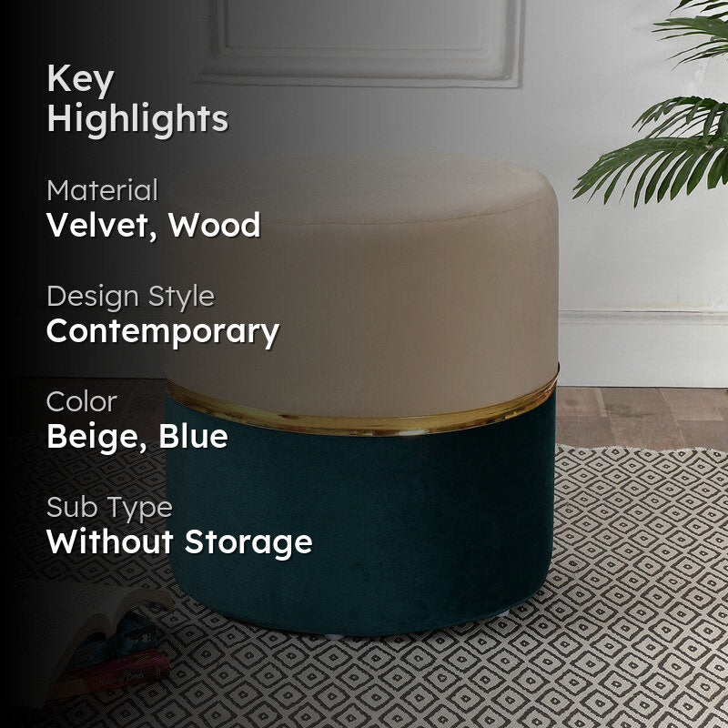 Dualtone Solid Velvet Pouffe - Beige & Teal media 2