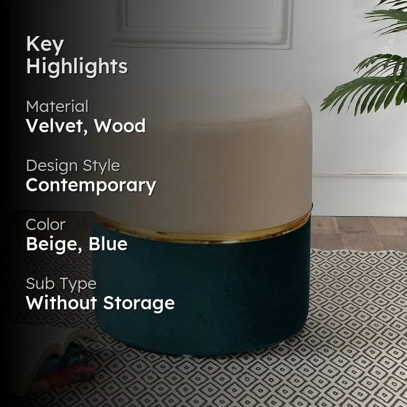 Dualtone Solid Velvet Pouffe - Beige & Teal media 2