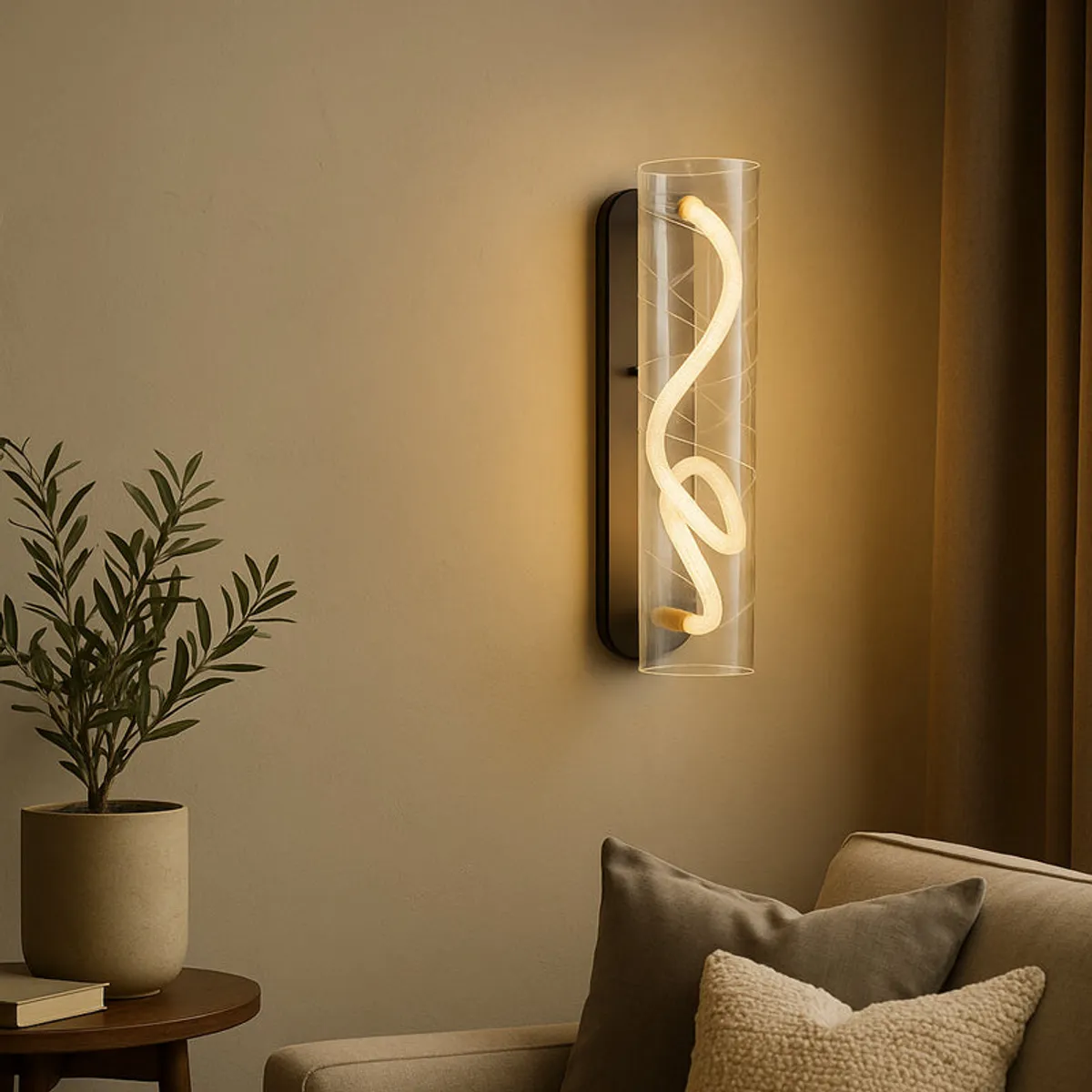 Close view of a glowing transparent wall lamp above a side table and sofa
