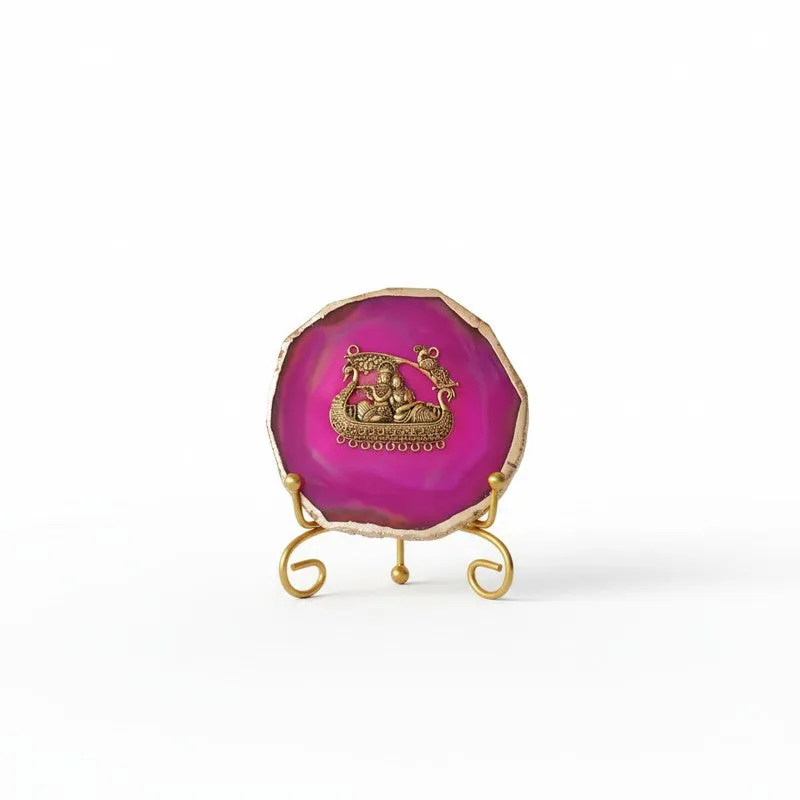 Radhe Krishna Bliss Agate Showpiece With Stand - Magenta & Gold media 3