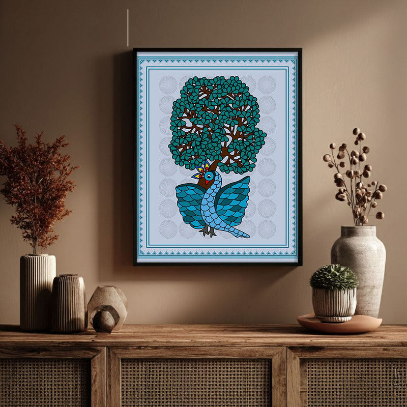 Ethereal Peacock Framed Gond Canvas Wall Painting media 3